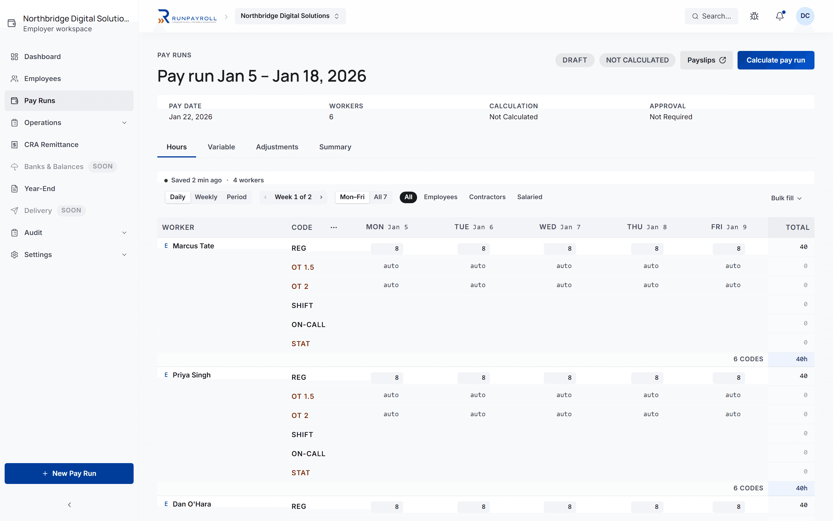 RunPayroll hours entry grid