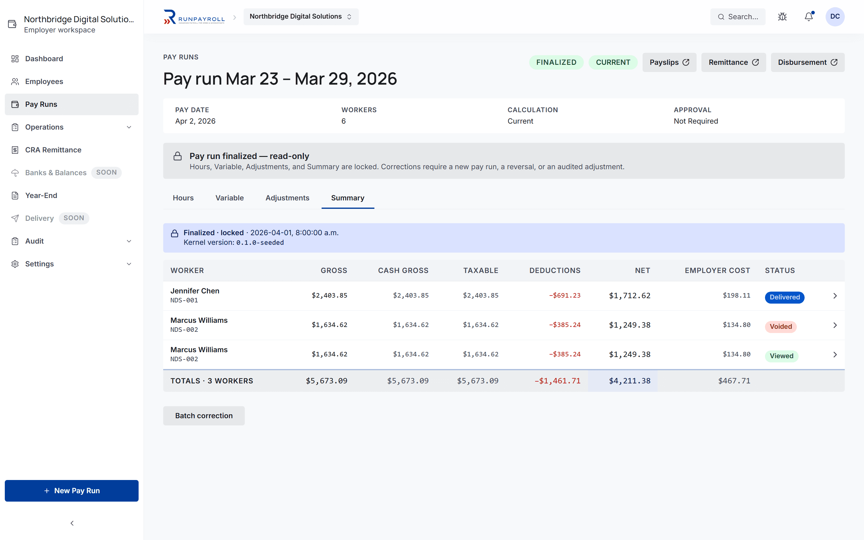 RunPayroll finalized pay run summary